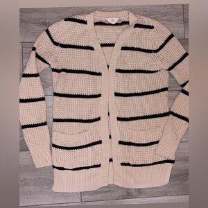 Pink Rose Size Small Tan & Black Striped Onto Cardigan Pockets Open Front EUC